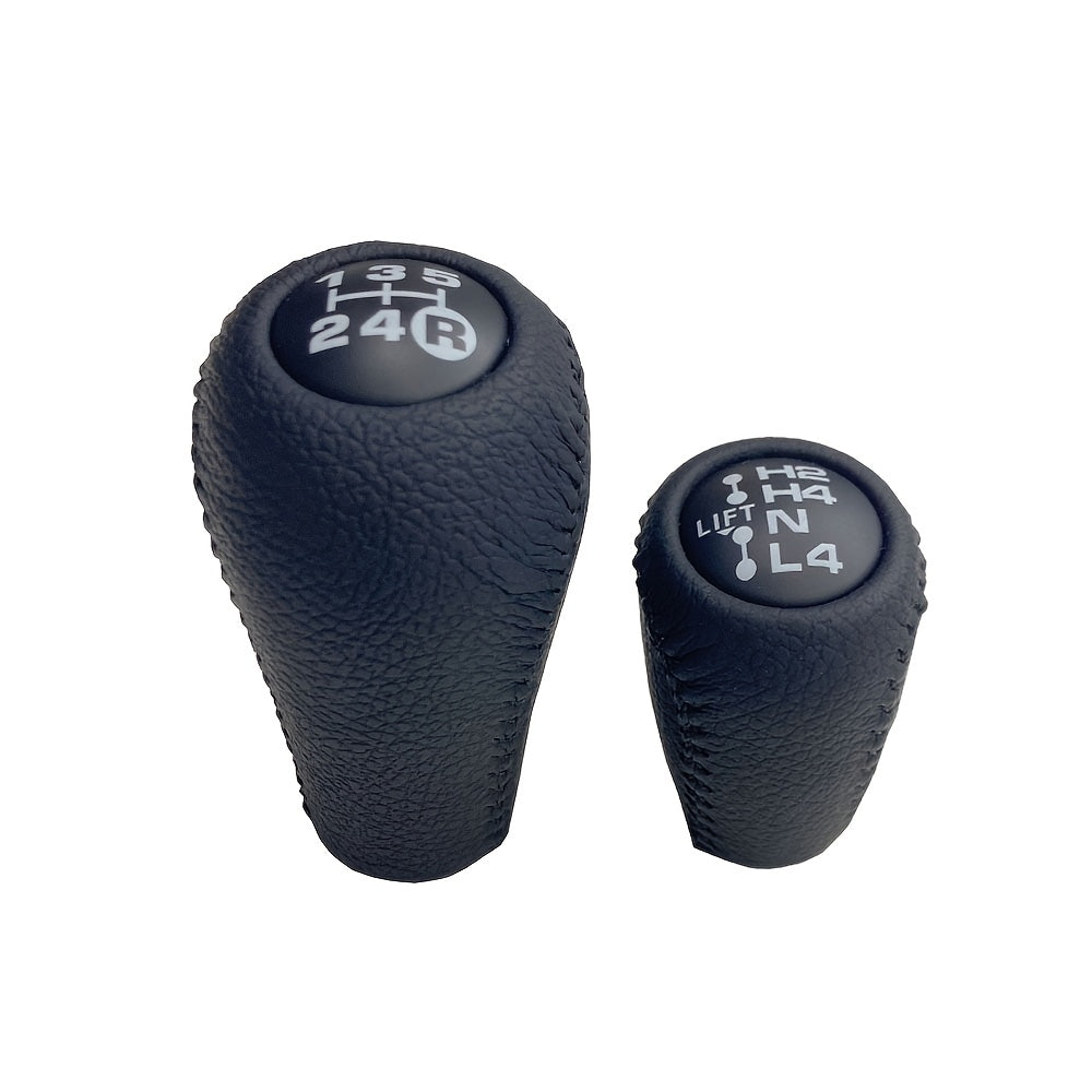 Two black gear shift knobs with different gear indicators on a white background
