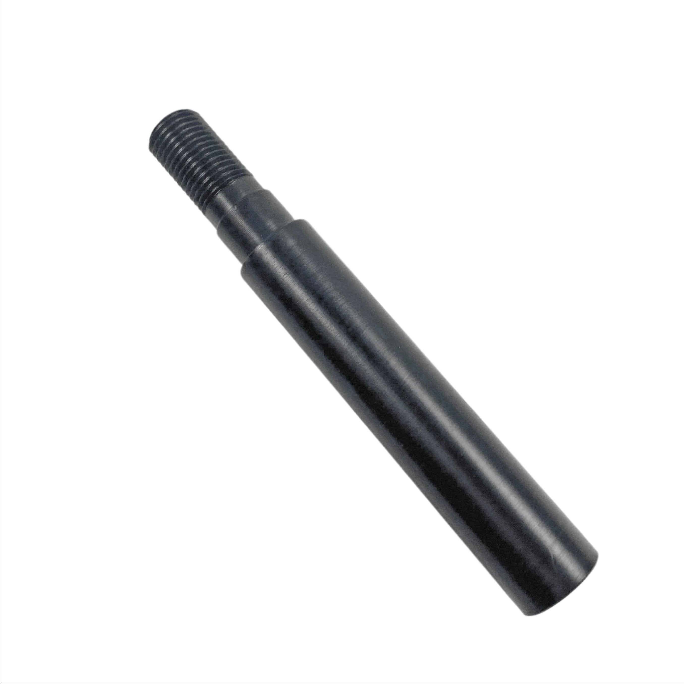 Black threaded cylindrical metal rod on a white background