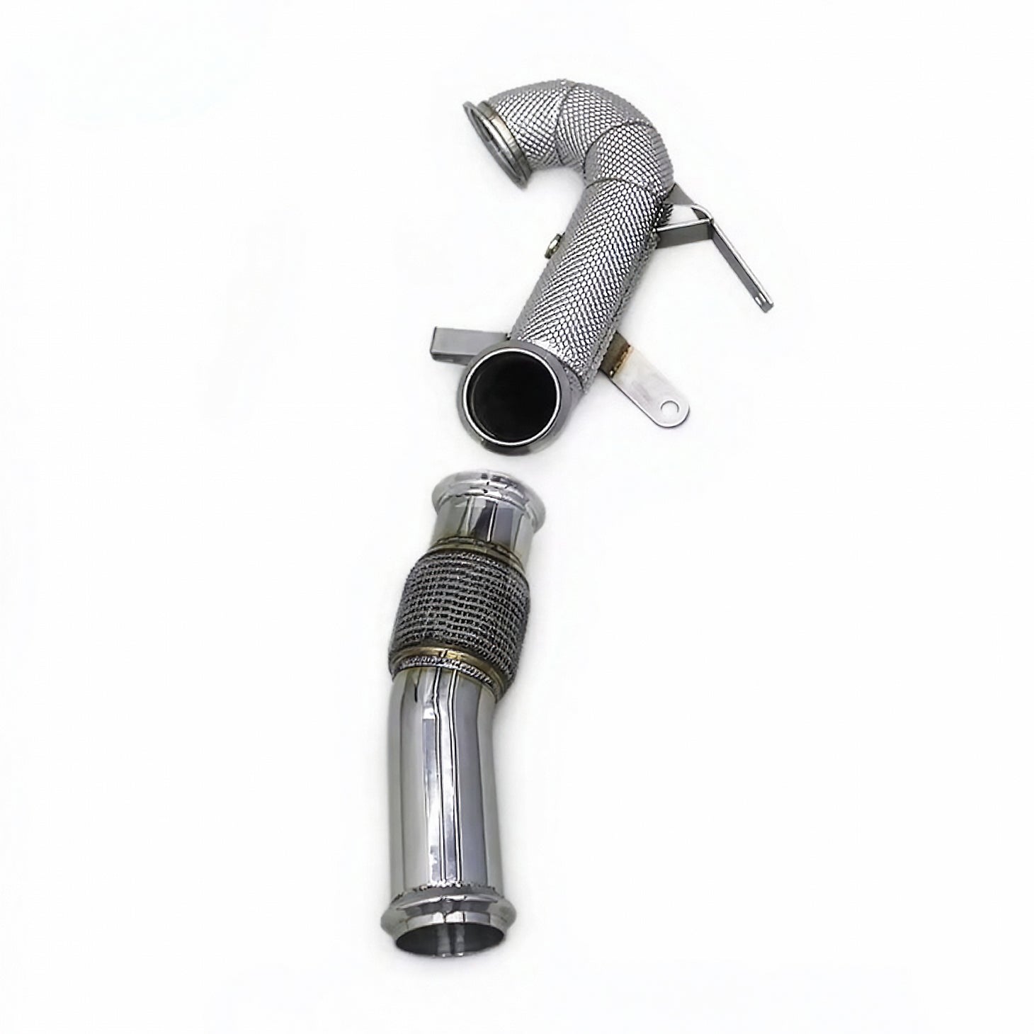 Metallic exhaust pipe with braided mesh on a white background