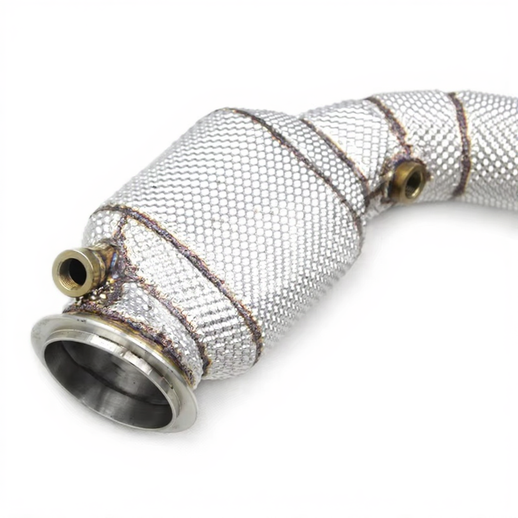Metallic hose with woven design on a white background