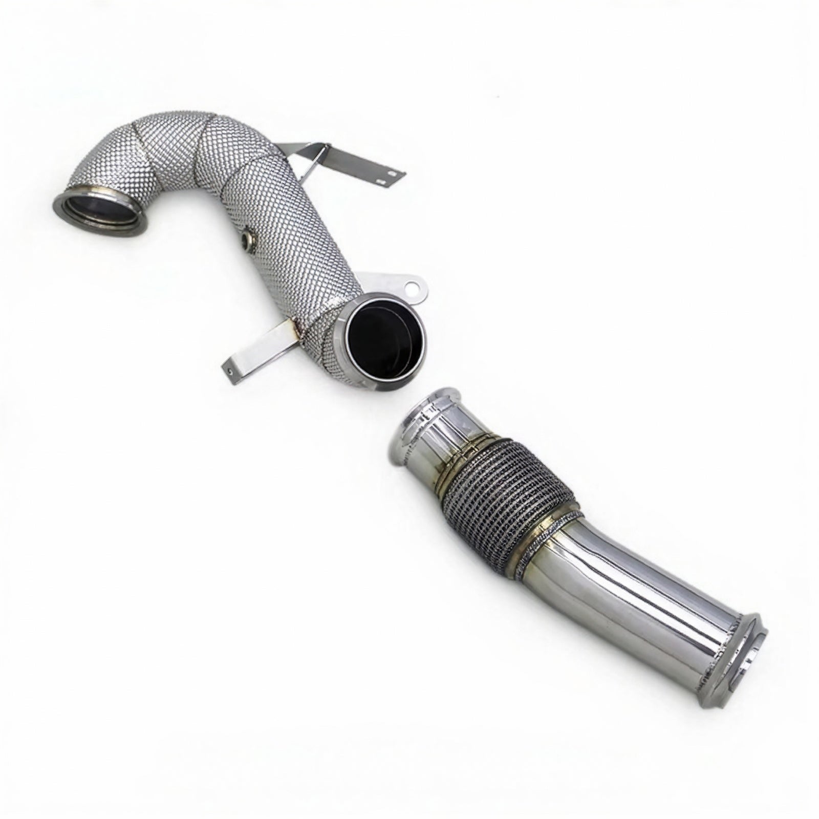 Metallic exhaust pipe and flex connector on a white background