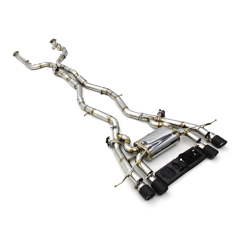 BMW M3 G80 catback exhaust system on a white background