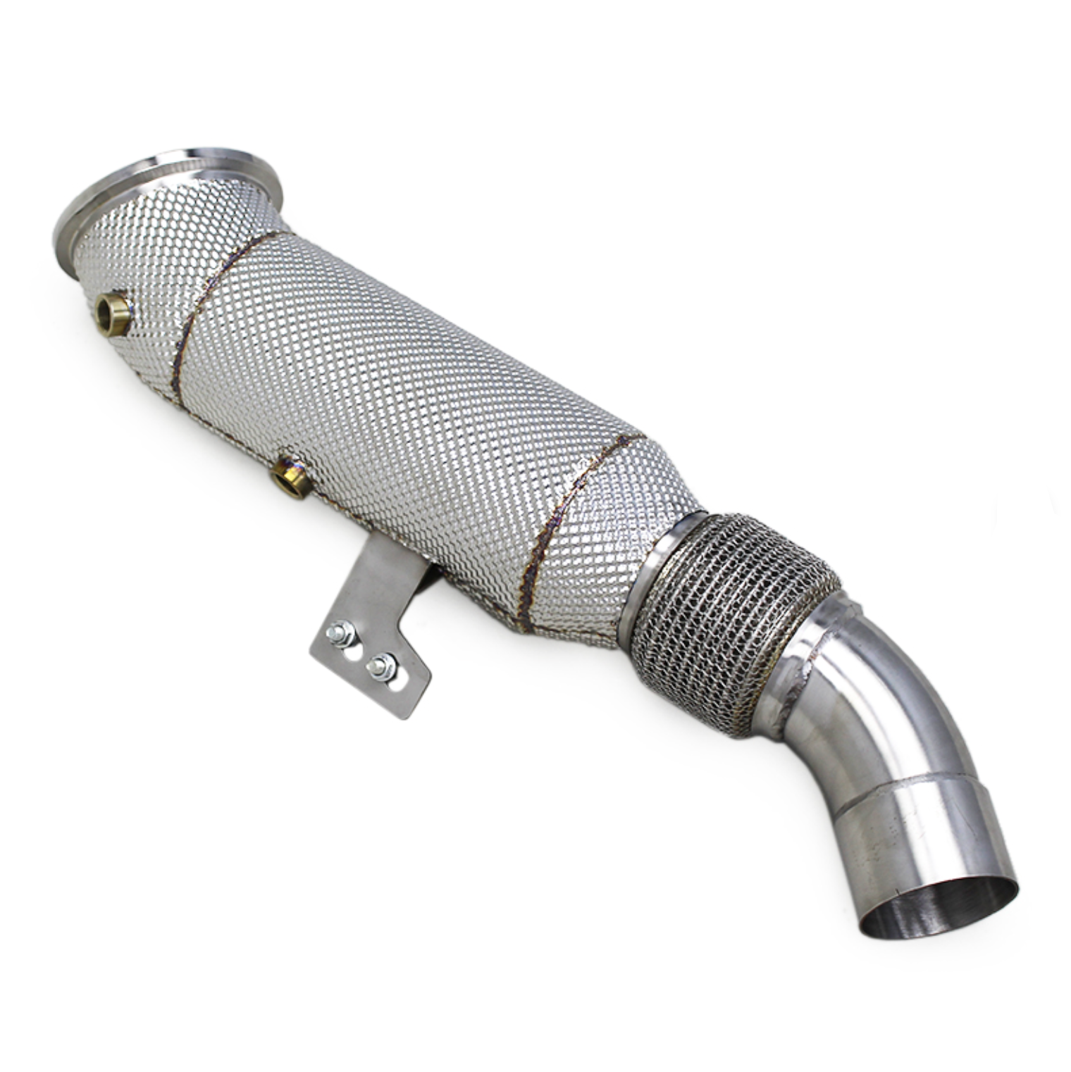 A stainless steel exhaust pipe assembly with a textured mesh body, a mounting bracket, and a bent metal outlet section, shown on a plain white background.