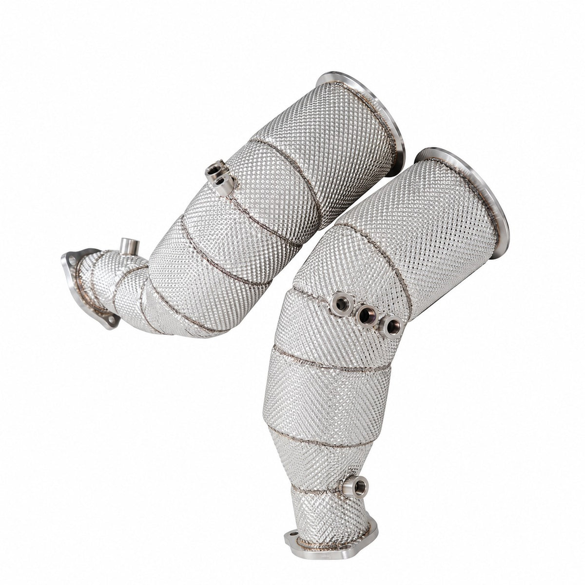 WSTN Performance Audi RS4/RS5 B9 DECA catless downpipes, turbo-end flange and the cluster of sensor bungs on each pipe
