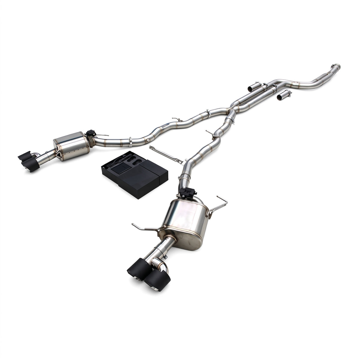 WSTN Performance BMW 535i F10 N55 valved catback exhaust, full system layout with X-pipe and both rear mufflers