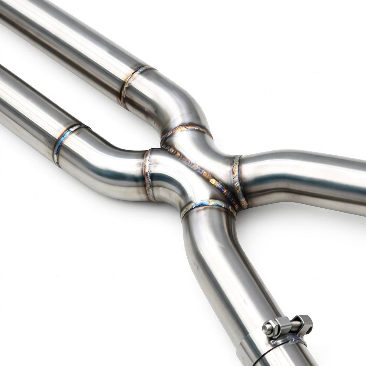 WSTN Performance BMW 535i F10 N55 valved catback exhaust, close-up of the X-pipe crossover and its welds