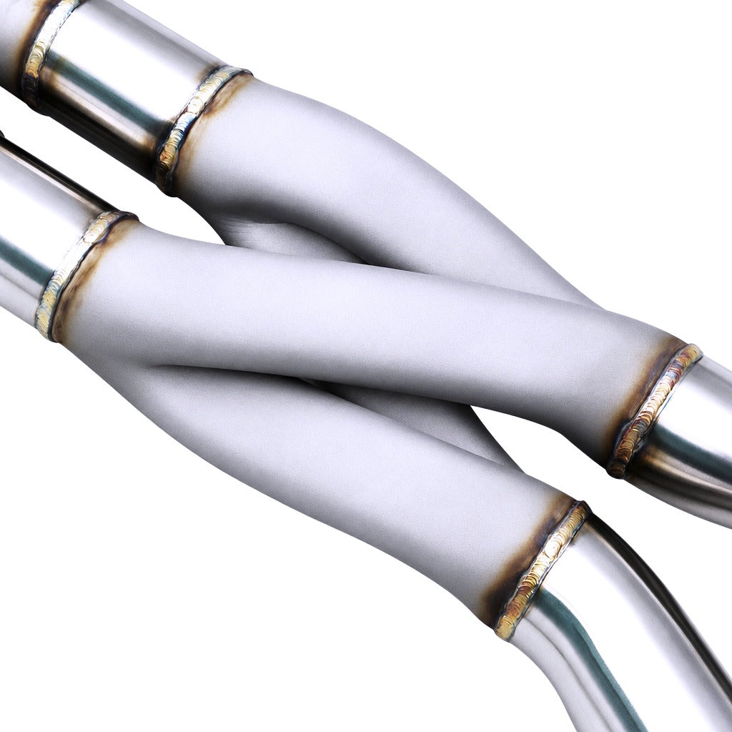 WSTN Performance BMW M3/M4 S58 Z-Pipe Midpipe, top-down view of the equal-length Z-pipe design