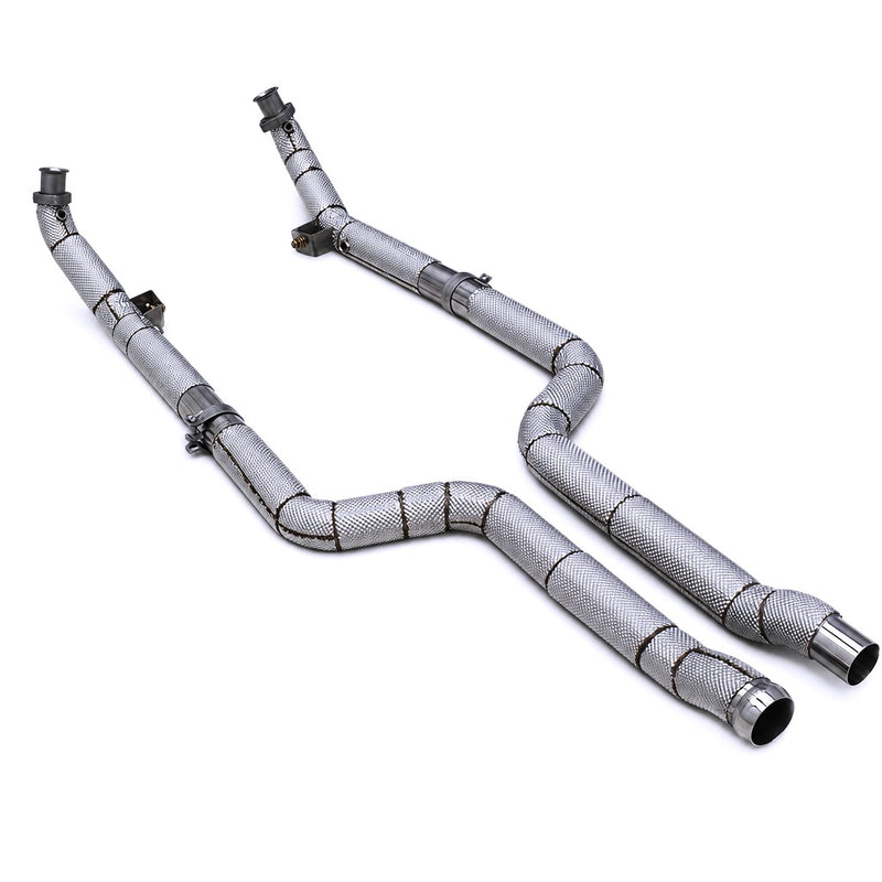 WSTN Performance Mercedes C63 AMG M156 W204 Catless Downpipes — front view showing matched pair with OEM flanges
