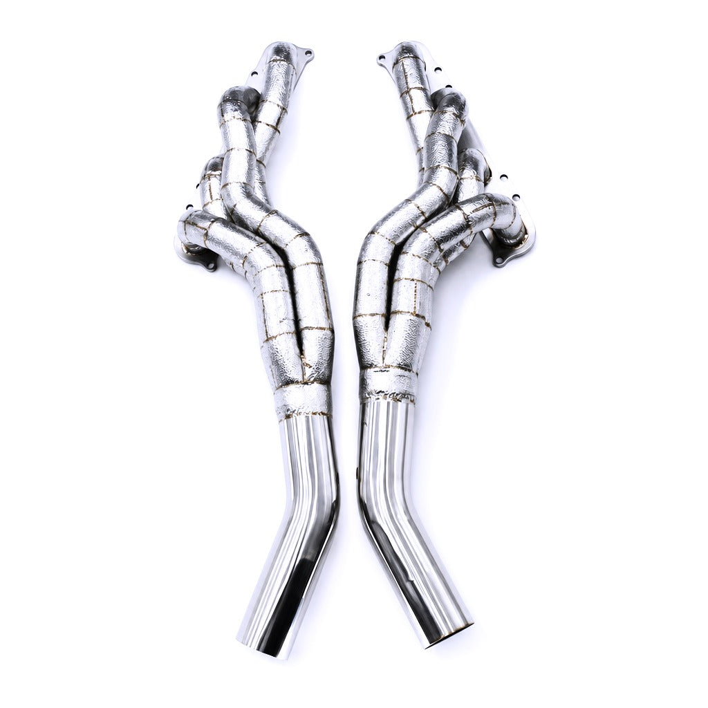 WSTN Performance Mercedes C63 AMG M156 W204 Exhaust Manifolds Downpipes — side profile showing flange detail and pipe routing