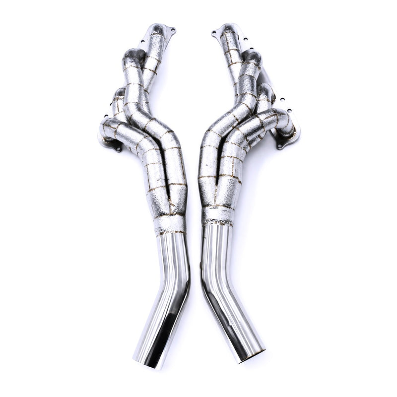 WSTN Performance Mercedes C63 AMG M156 W204 Exhaust Manifolds Downpipes — side profile showing flange detail and pipe routing
