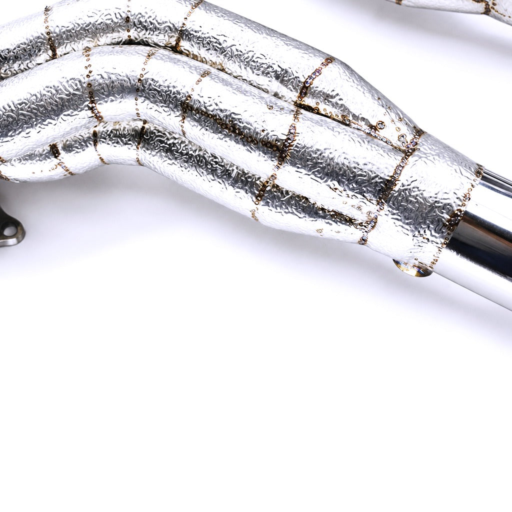 WSTN Performance Mercedes C63 AMG M156 W204 Exhaust Manifolds Downpipes — full system layout with both downpipes attached