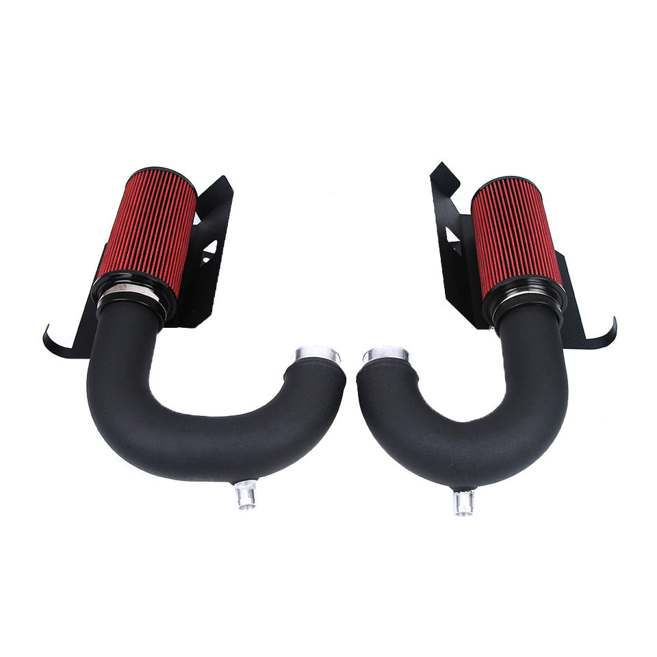 WSTN Performance Mercedes-AMG C63 M177 4.0TT cold air intake twin pipes with red high-flow filters and heat shields