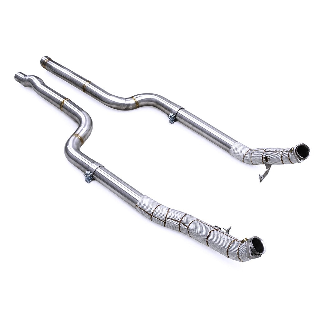 WSTN Performance Mercedes M278 4.7TT catless downpipes W212 E550, side view mandrel bend detail