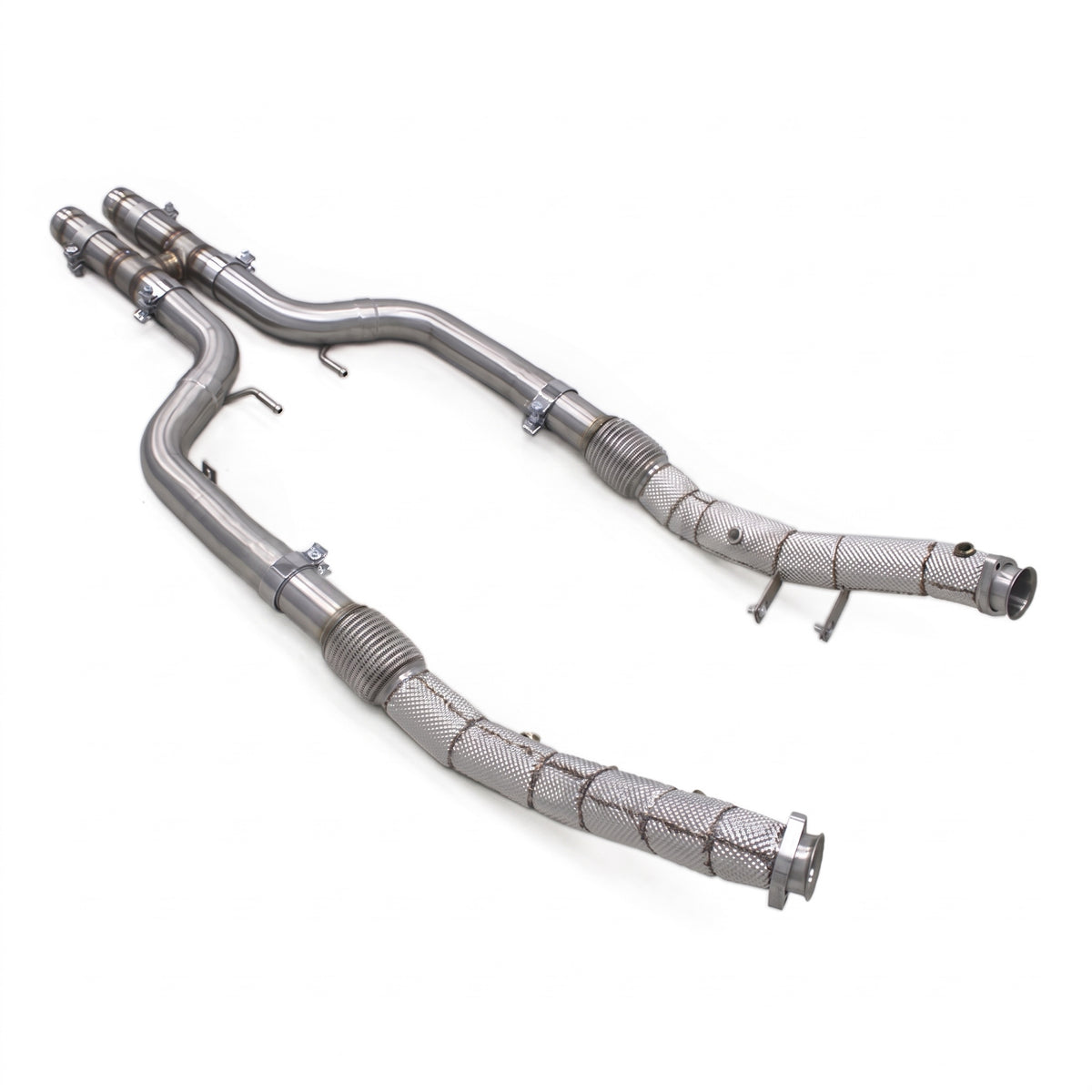 WSTN Performance Mercedes S500/S550 M278 Catless Downpipes W222, top view of both heat-shielded downpipes