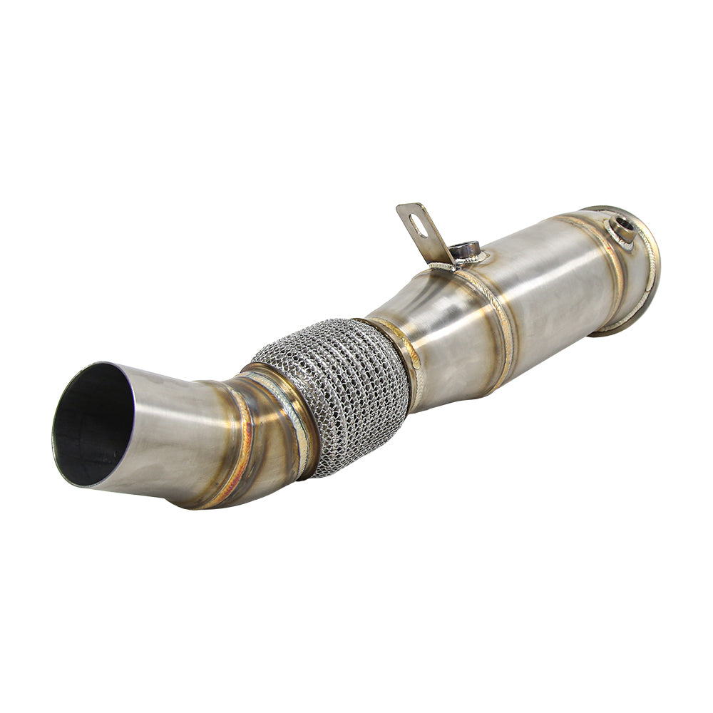 WSTN Performance BMW N20 F30 320i 328i 4 inch catless downpipe, full view with outlet end at left and bracket