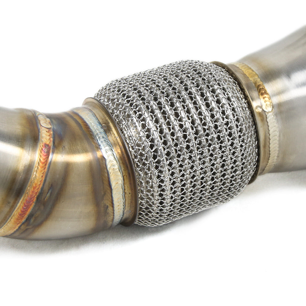 WSTN Performance BMW N20 F30 320i 328i catless downpipe, close-up of braided flex section