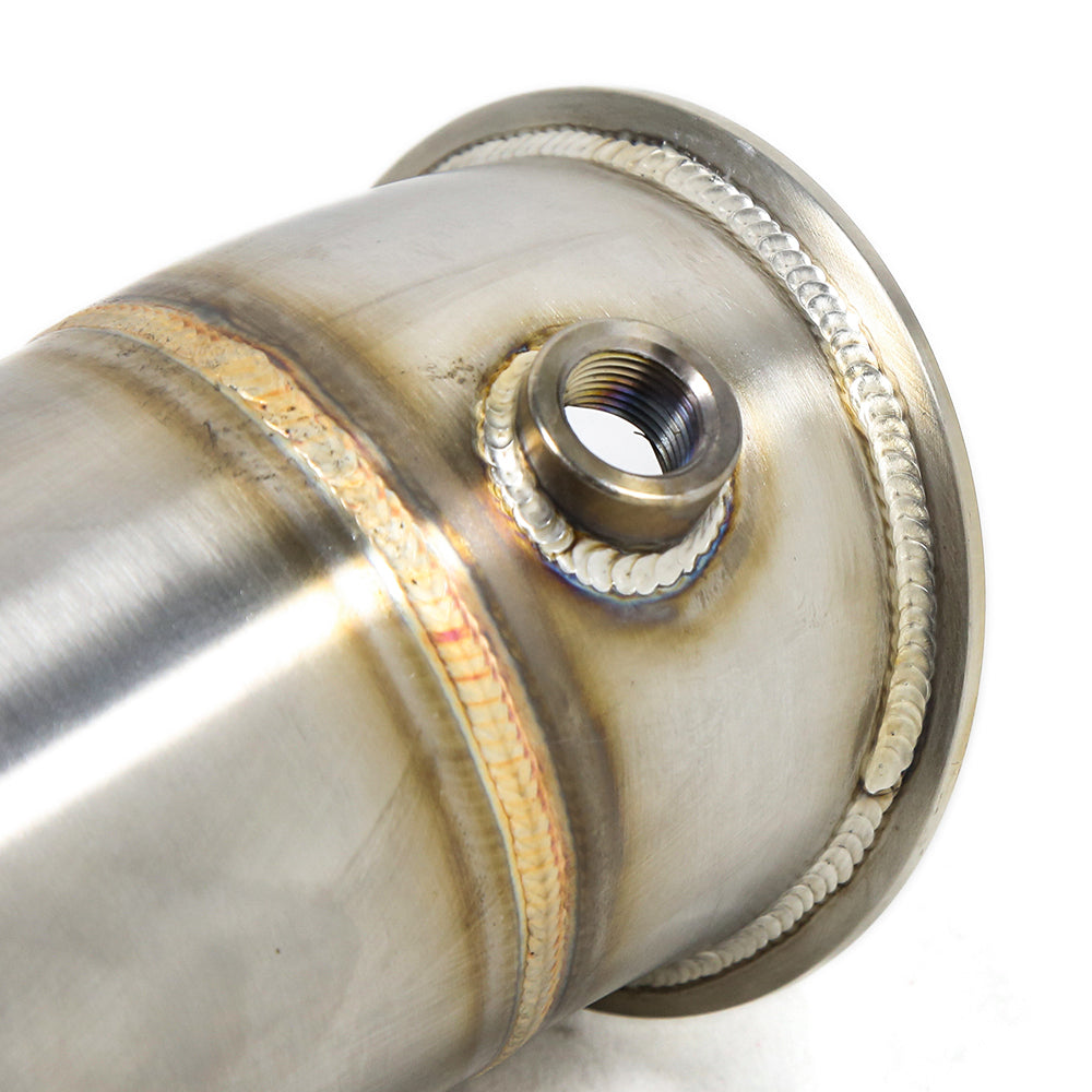 WSTN Performance BMW N20 F30 320i 328i catless downpipe, close-up of V-band flange and oxygen sensor bung