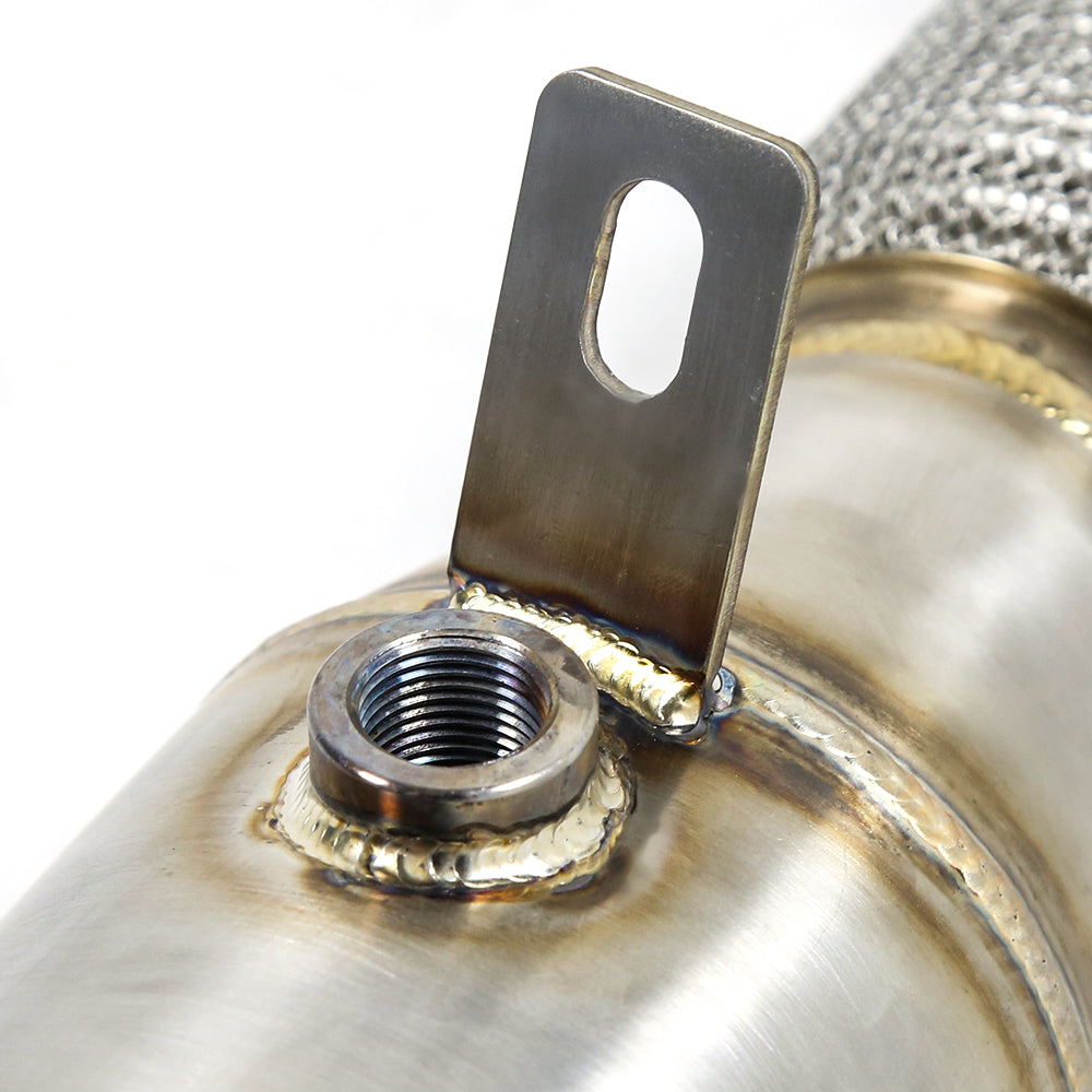 WSTN Performance BMW N20 F30 320i 328i catless downpipe, close-up of mounting bracket and oxygen sensor bung