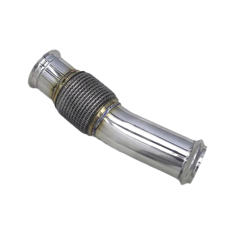 Metallic exhaust pipe with a textured sleeve on a white background