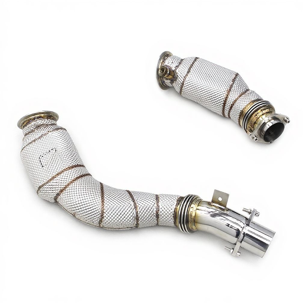 Metallic exhaust pipe with woven metal wrap on a white background