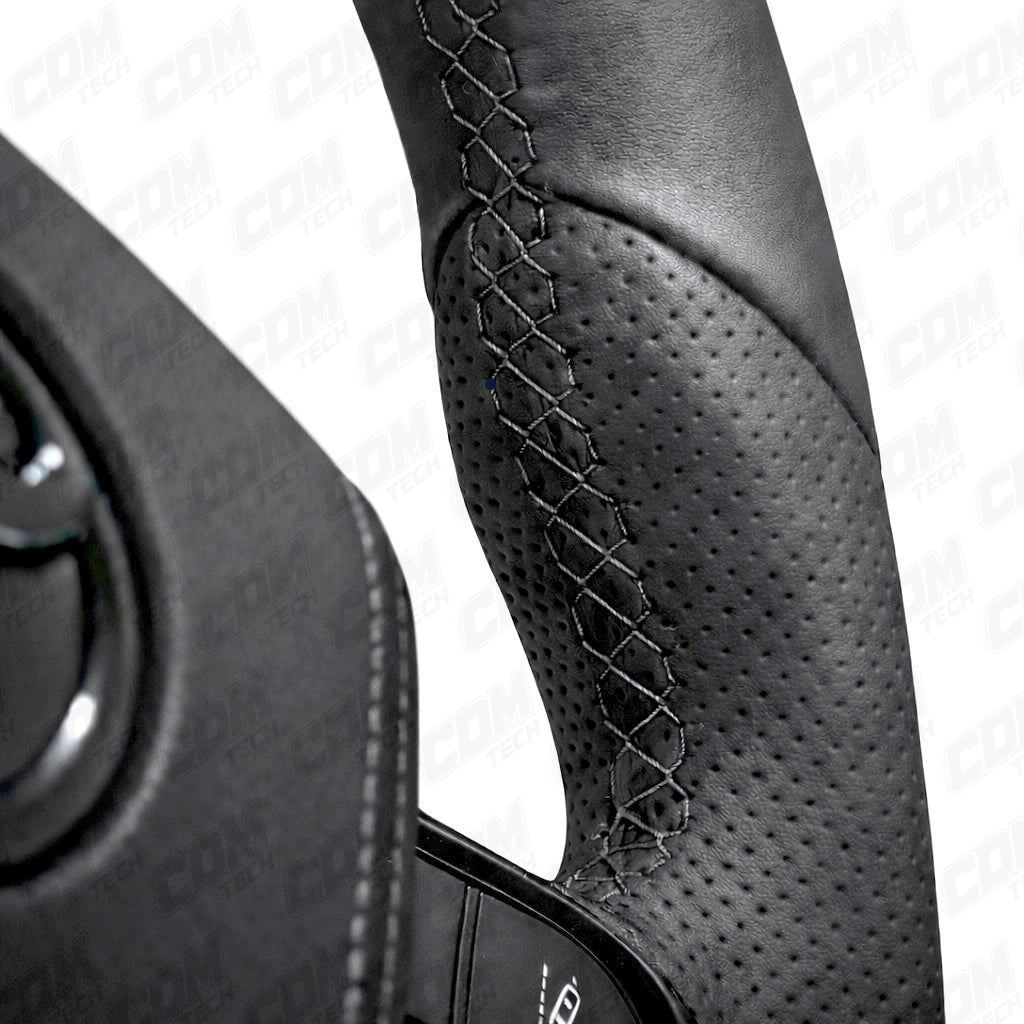 Close-up of a car steering wheel cover with detailed stitching on a white background