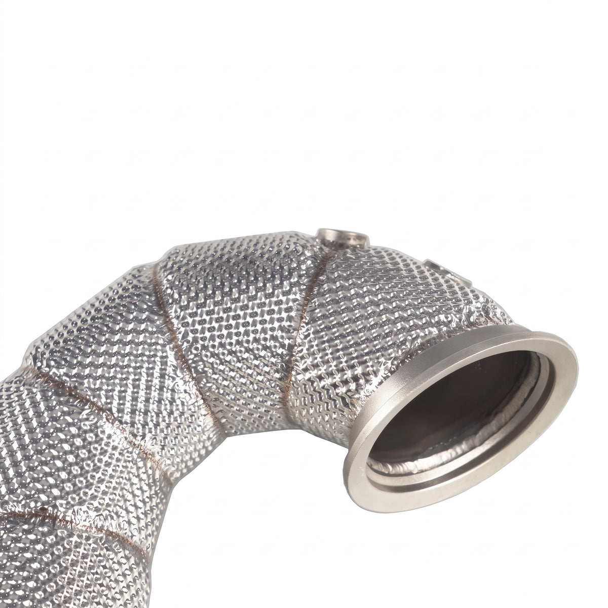 WSTN Performance Mercedes A45 CLA45 GLA45 M139 catless downpipe, heat shield close-up