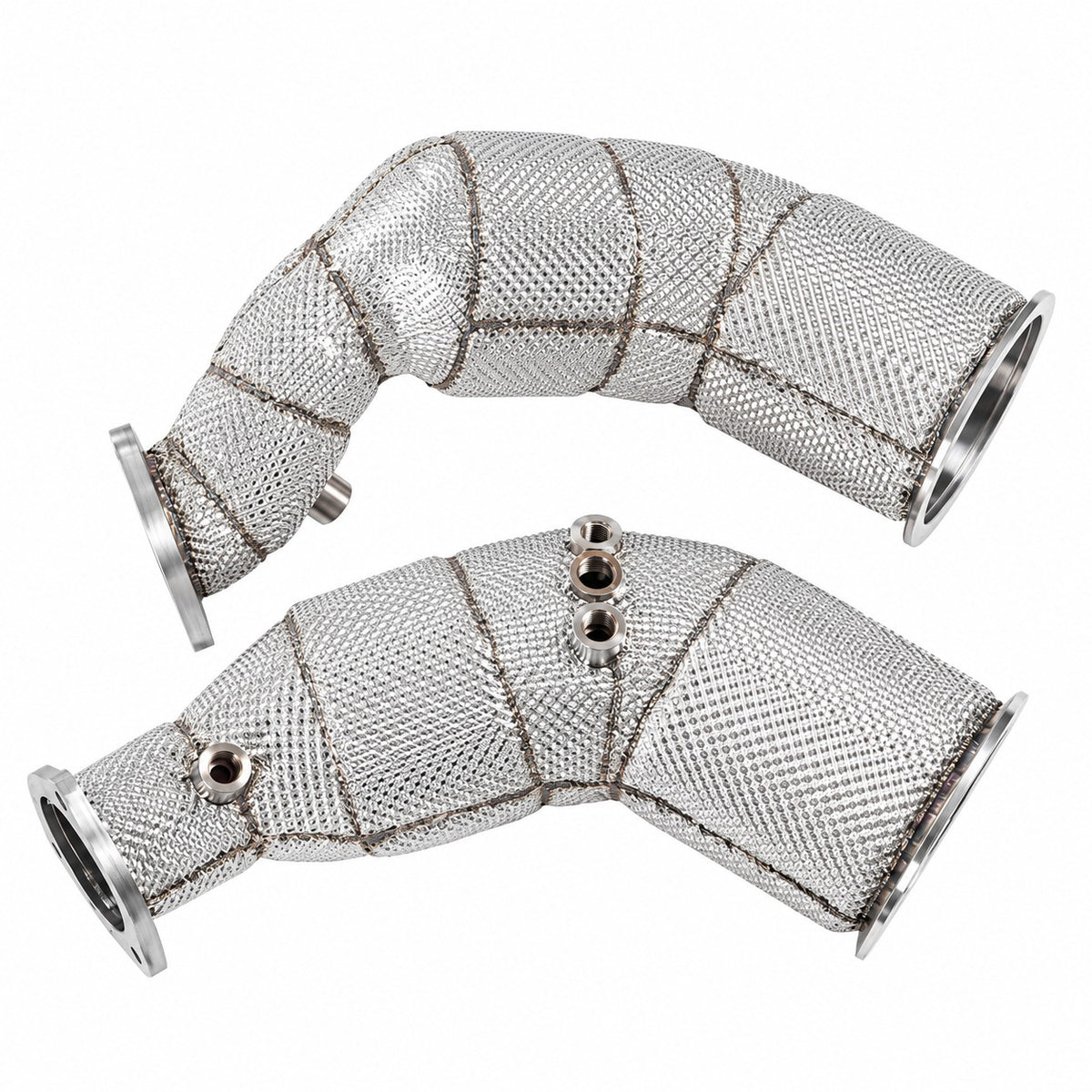 WSTN Performance Audi RS5 B9 DECA catless downpipe pair lying flat, with turbo flanges, outlet flanges and sensor bungs