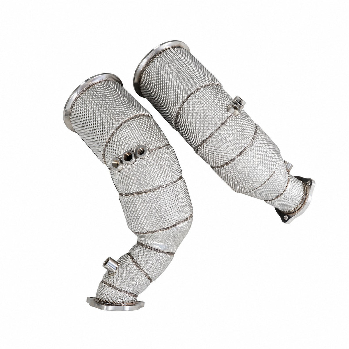 WSTN Performance Audi RS4 Avant B9 DECA 2.9T catless downpipes at an angle, heat shielded along the length of each pipe