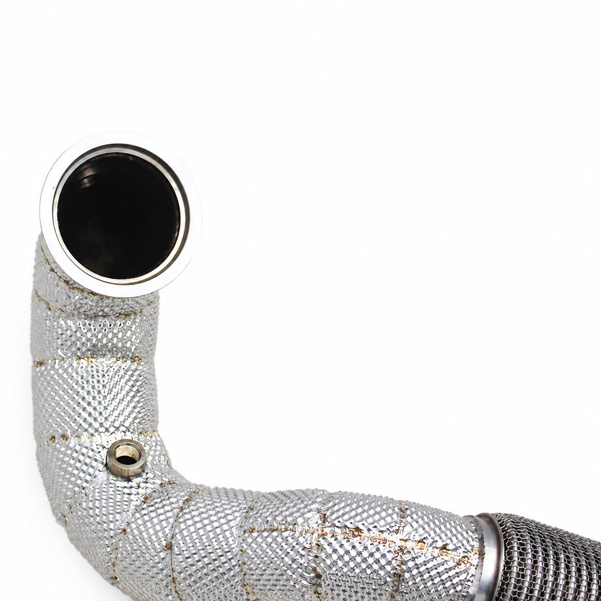 WSTN Performance Audi S3 8Y EA888 catless downpipe, close-up of the heat shielding and flange on the turbo-side bend