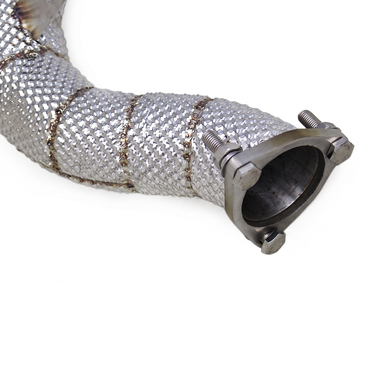 WSTN Performance Audi RS6 C7 EA824 catless downpipe, close-up of the 3-bolt outlet flange and open bore