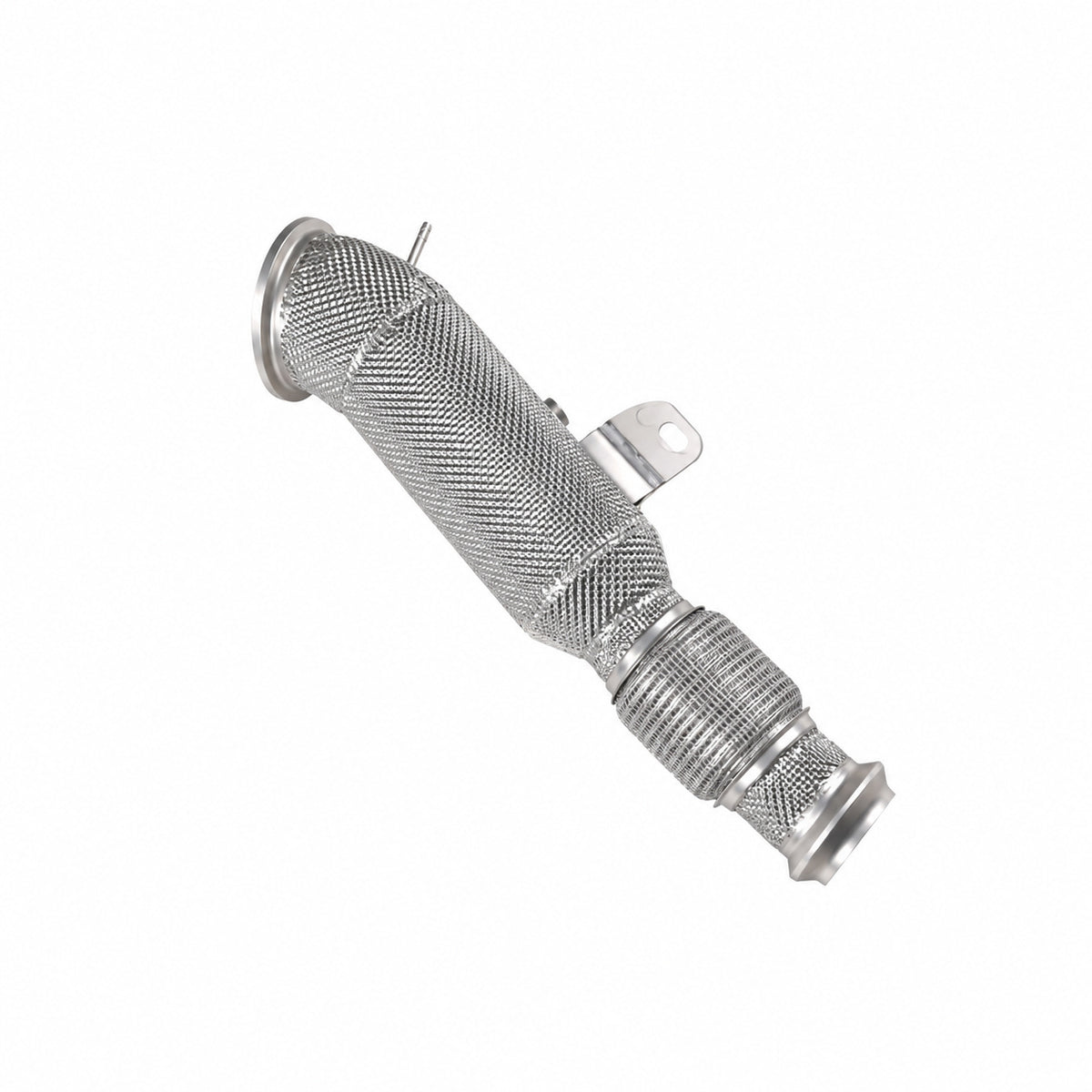 BMW B58 OPF performance downpipe with stainless heat shielding, detail view
