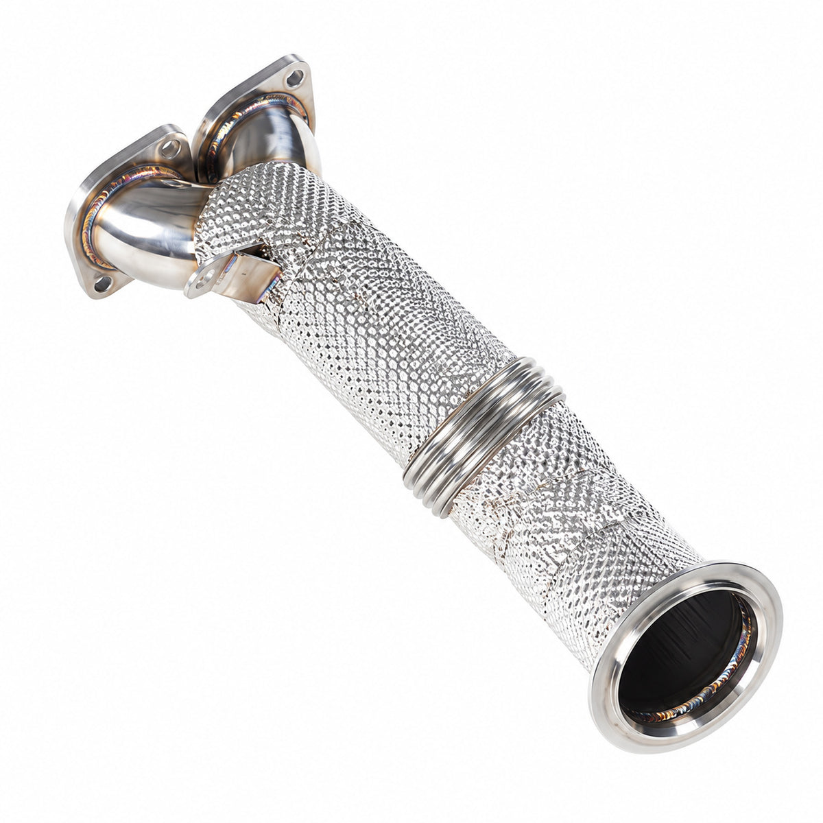 WSTN Performance BMW 135i 335i X1 N55 catless heat shield downpipe, three-quarter view from twin flanges to V-band end