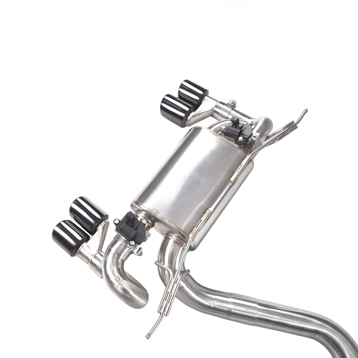 WSTN Performance BMW 335i/435i N55 F3X valved catback exhaust, rear muffler close-up with both valves and quad tips