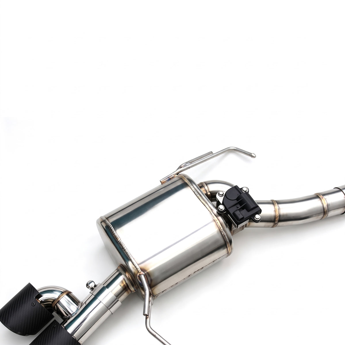 WSTN Performance BMW 535i F10 N55 valved catback exhaust, rear muffler and valve actuator in detail