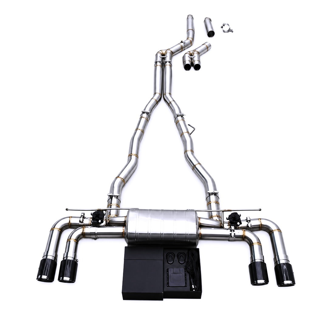WSTN Performance BMW 540i G30 B58 catback exhaust, side profile showing mid-pipe routing