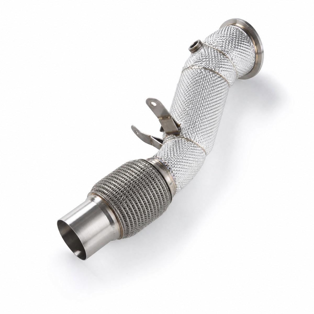 WSTN Performance BMW B48 catless downpipe F3X G2X, reverse angle showing mounting bracket and sensor port