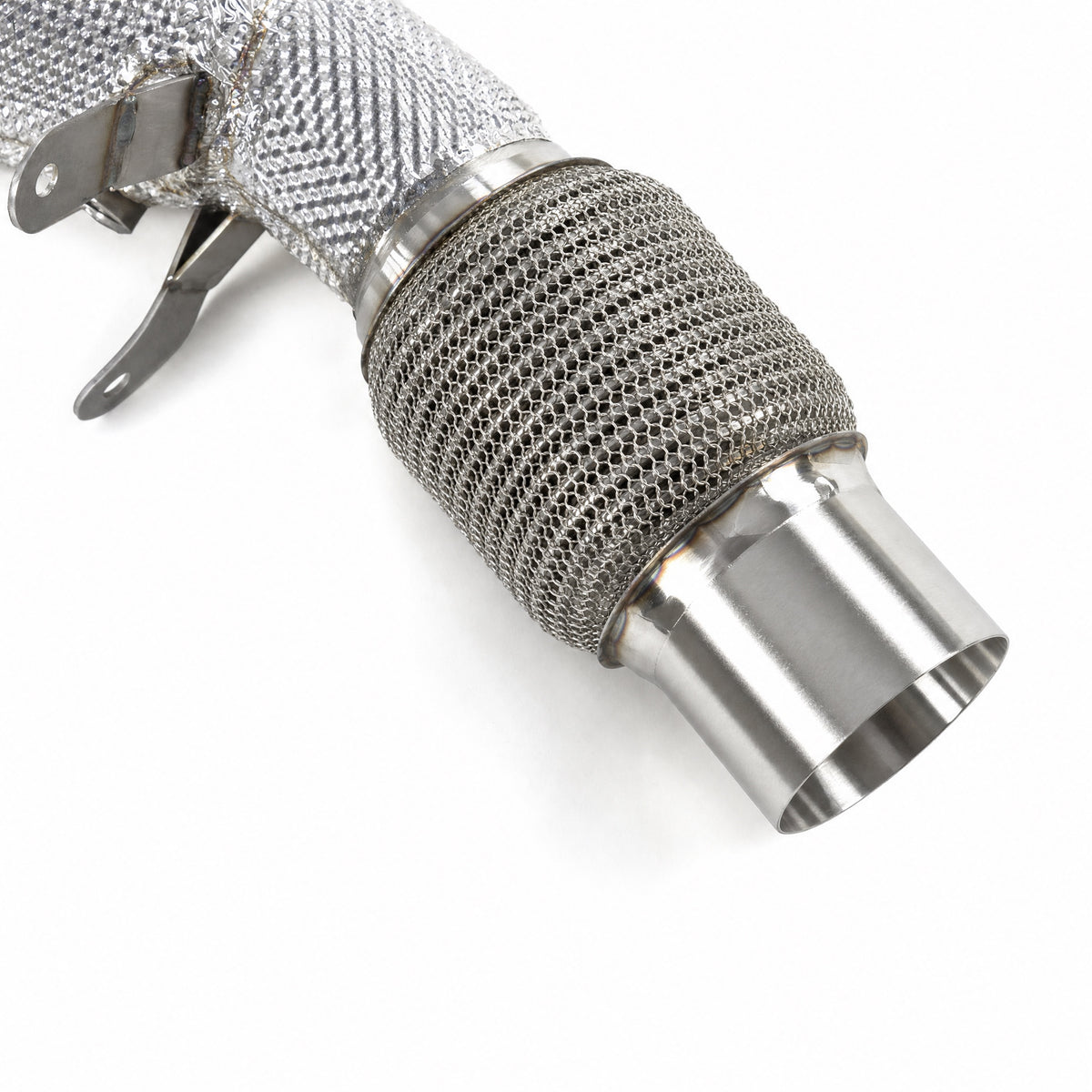 WSTN Performance BMW B48 catless downpipe F3X G2X, close up of the braided flex section and pipe outlet