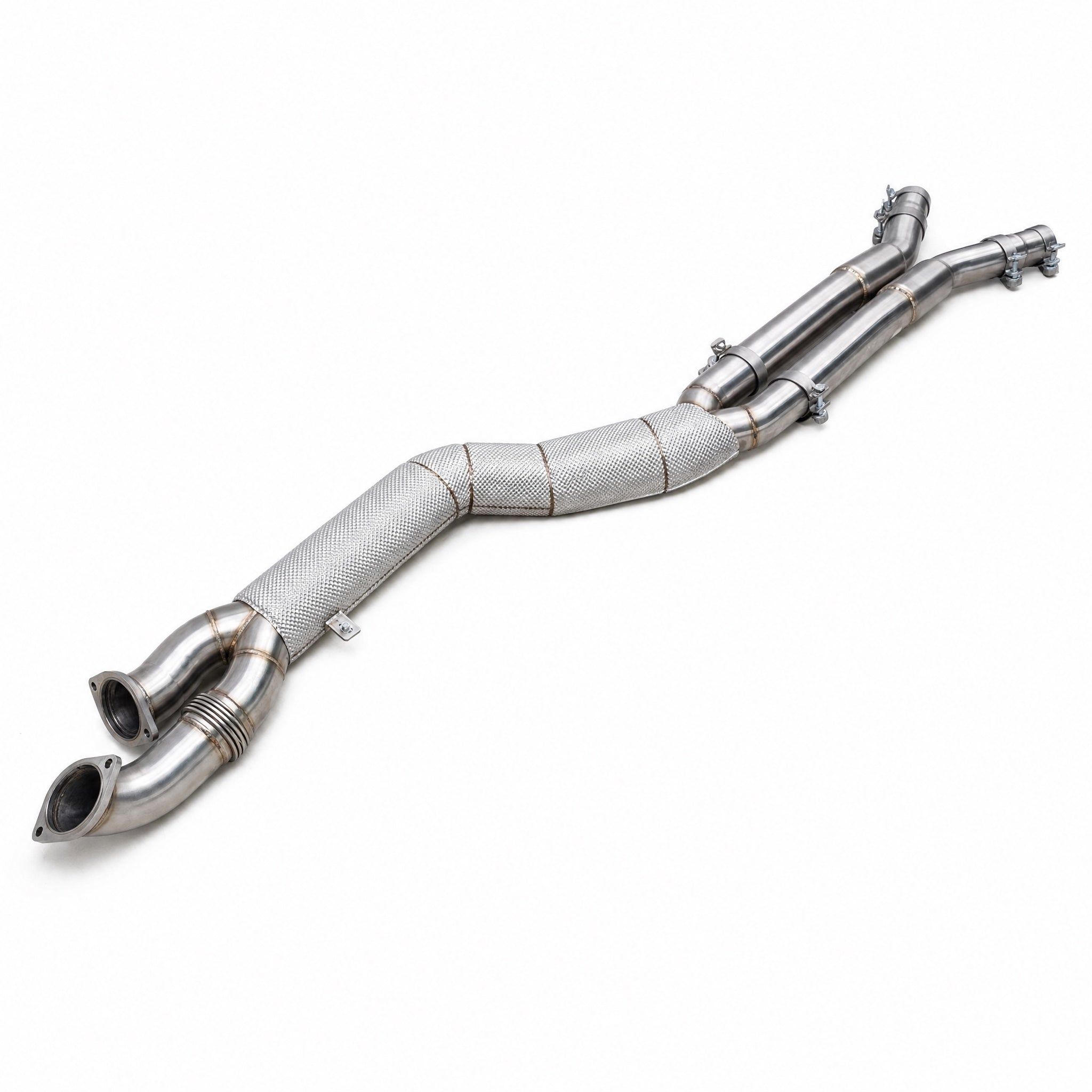 WSTN Performance BMW S58 G80 M3 G82 M4 101mm resonated midpipe, full system three-quarter view