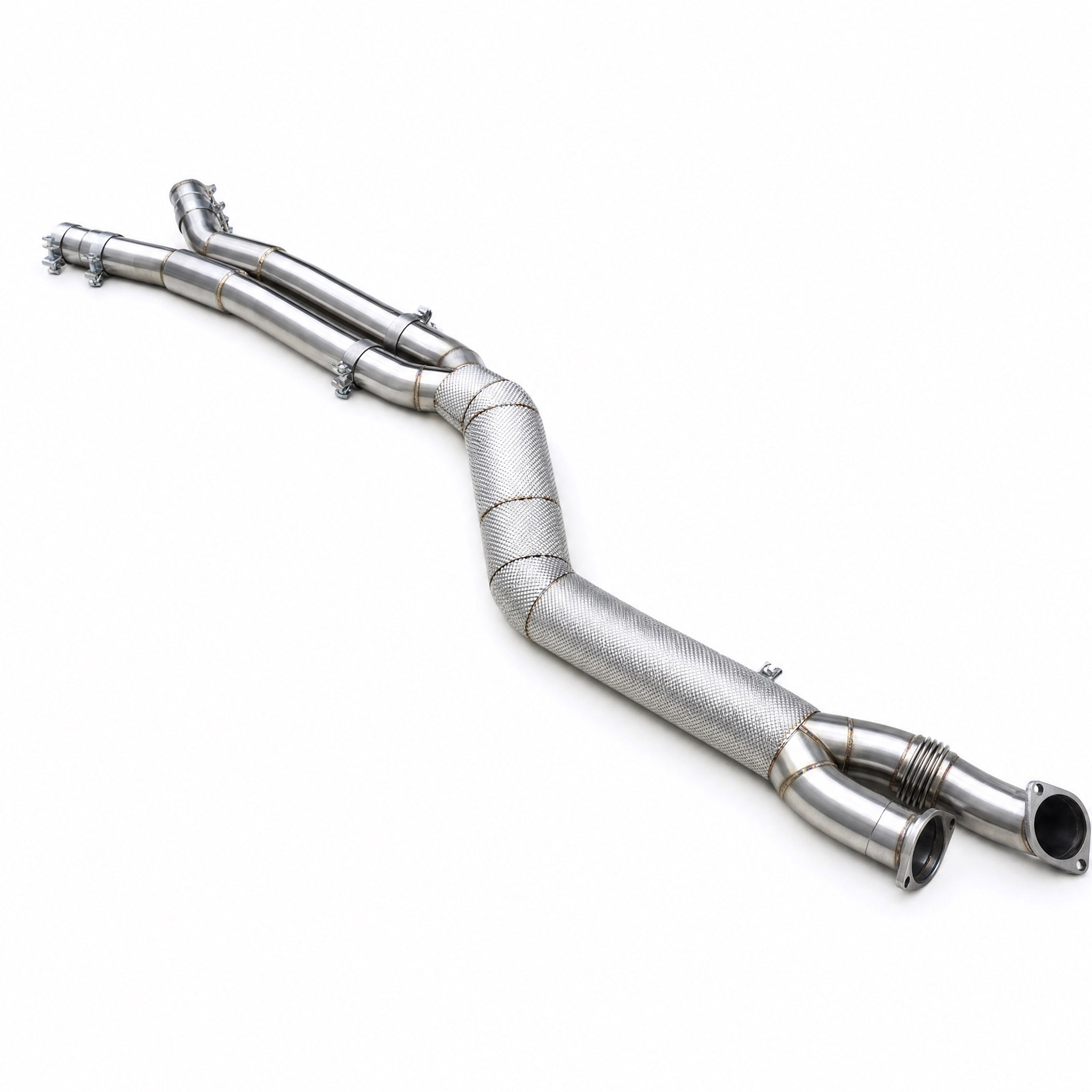 WSTN Performance BMW S58 G80 M3 G82 M4 101mm resonated midpipe, overhead angled full length layout