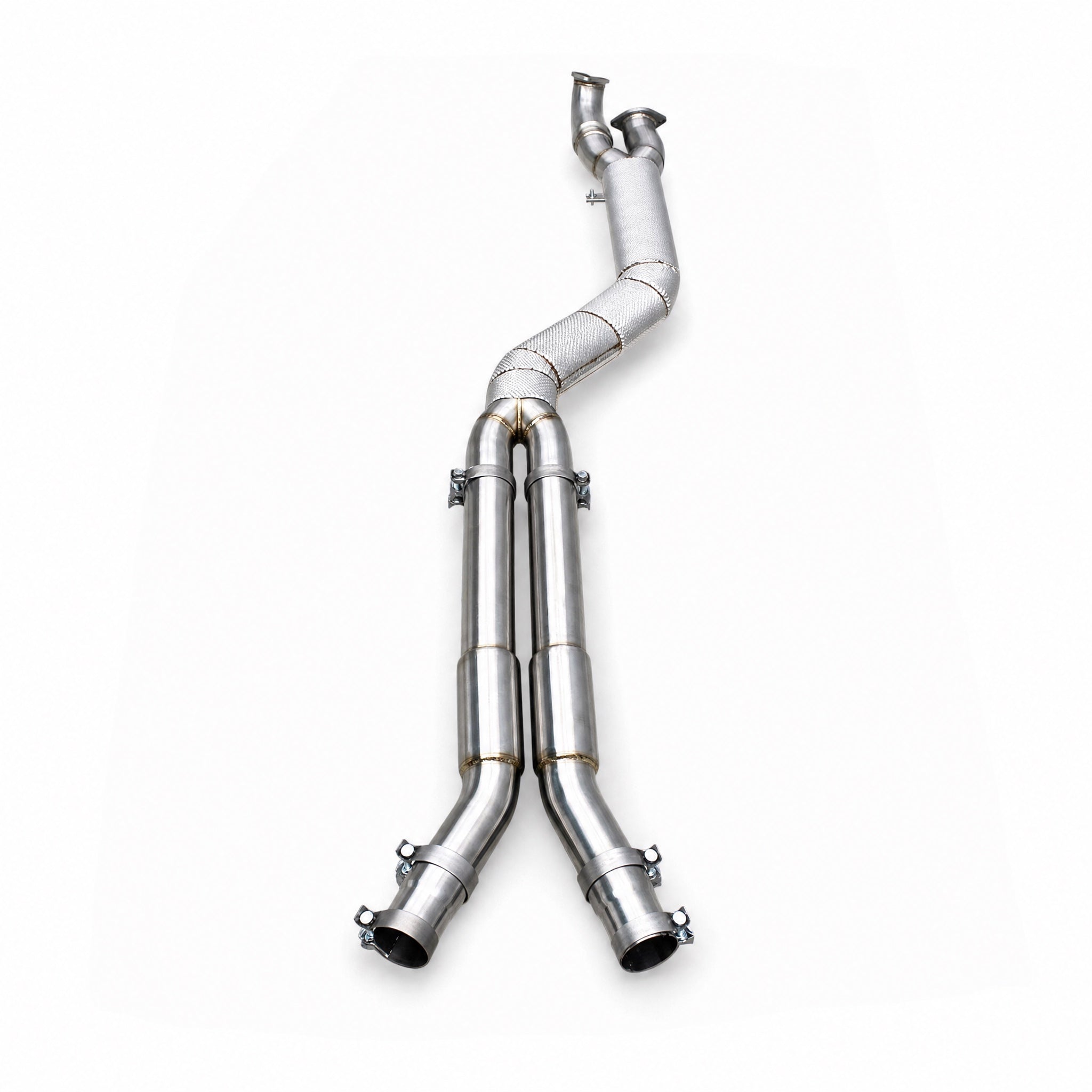 WSTN Performance BMW S58 G80 M3 G82 M4 101mm resonated midpipe, twin resonator and outlet view