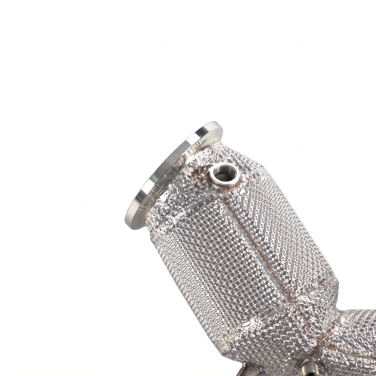 WSTN Performance BMW B48A20 F40/F44/F39 catless downpipe, close-up of the turbo flange and oxygen sensor bung