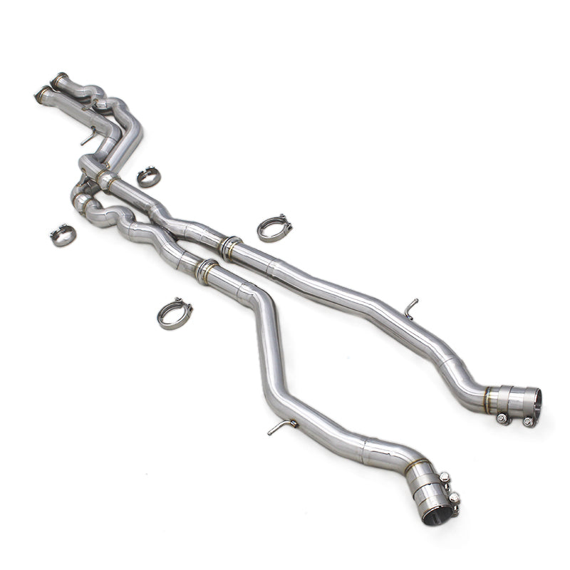 WSTN Performance BMW M3/M4 F80/F82/F83 S55 equal-length midpipe, angled view of both pipes end to end