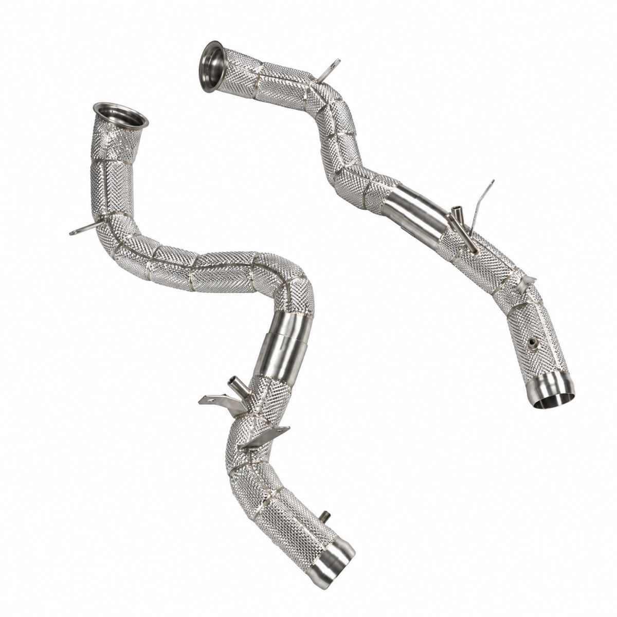 Mercedes E63 E63S AMG W213 S213 M177 heat-shielded downpipes, assembled pair angled view