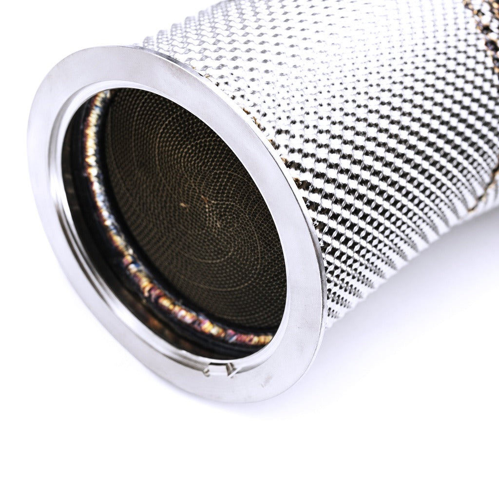 WSTN Performance Lamborghini Urus EA825 4.0T V8 catless downpipes, installation view showing pipe routing