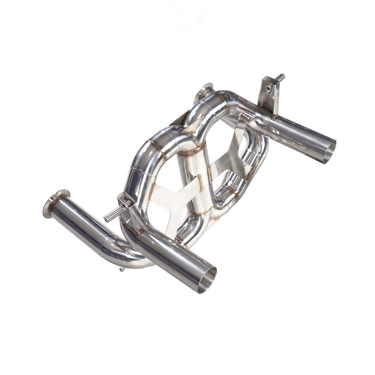 WSTN Performance Lamborghini Aventador SVJ/Ultimae stainless steel catback, three-quarter view of the looped pipework