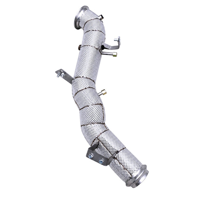 WSTN Performance Mercedes M139 C43 AMG W206 catless downpipe, full length view with heat shielding