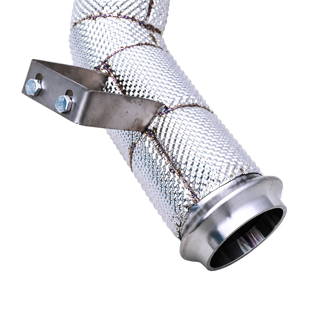 WSTN Mercedes M139 C63 AMG SE W206 direct header, side profile showing collector and OPF mounting