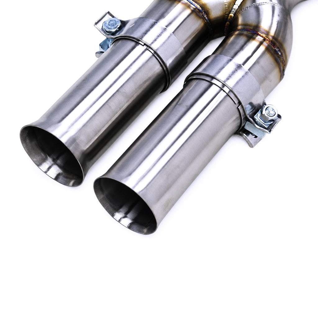 WSTN Performance Mercedes C63 AMG M156 W204 Catback Exhaust — rear profile highlighting polished stainless tips