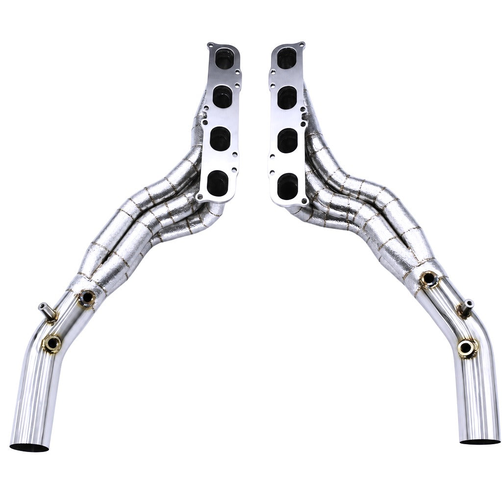 WSTN Performance Mercedes C63 AMG M156 W204 Exhaust Manifolds Downpipes — front three-quarter view showing complete manifold set