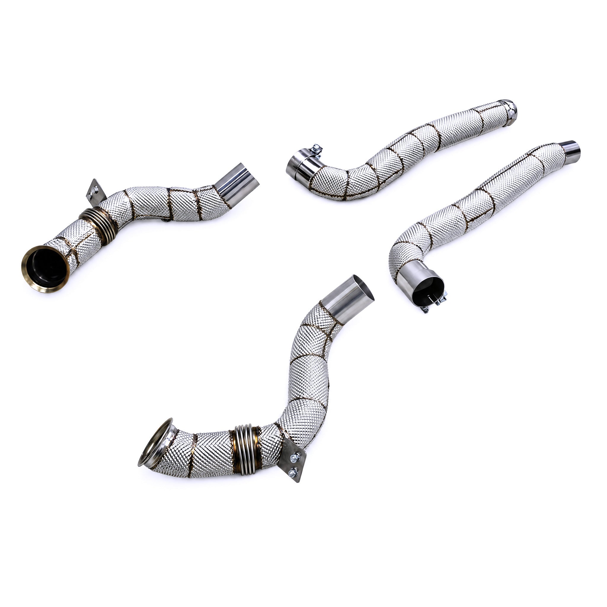 WSTN Performance Mercedes-AMG GT/GTS M178 4.0TT Catless Downpipe C190 — close-up of flange and heat-wrap weave detail